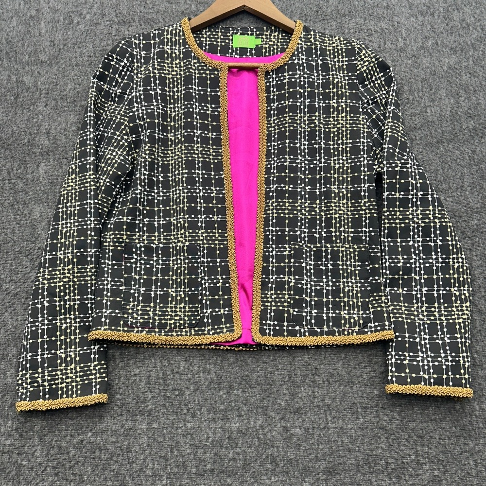 Katherine Way Blazer M Black Gold Trim‎ Stretch Career Boutique Golf Jacket